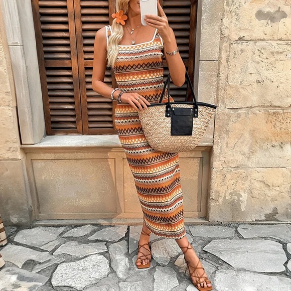 2/$40 Boho Aztec Print Sleeveless Midi Long Dress Side Slit Summer Casual Style - Picture 6 of 8